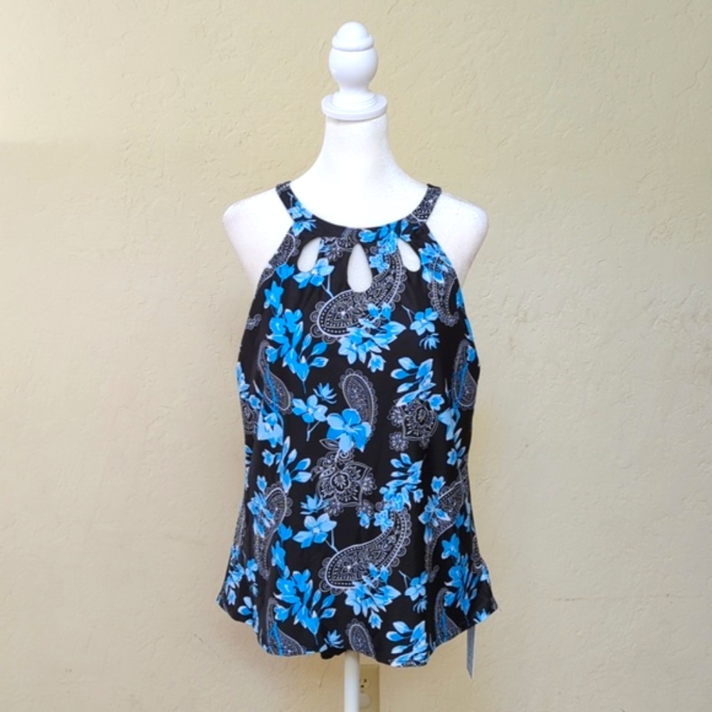 Yonique Tummy Control High Neck Tankini High Waisted Black Floral Swimsuit XL - Picture 5 of 14